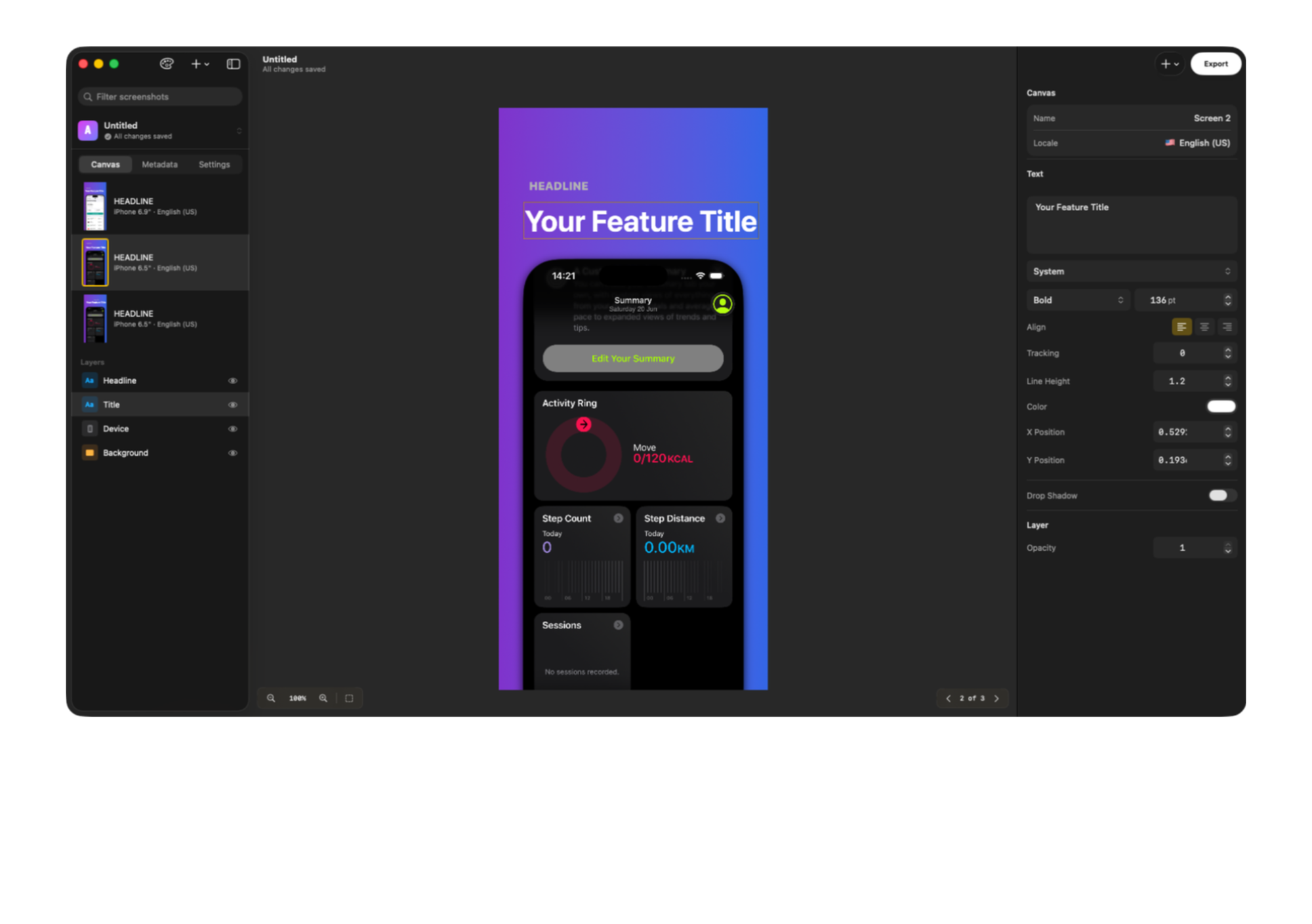 The frametto editor: a screenshot on the canvas with device frame, headline text and background layers, and a properties inspector.